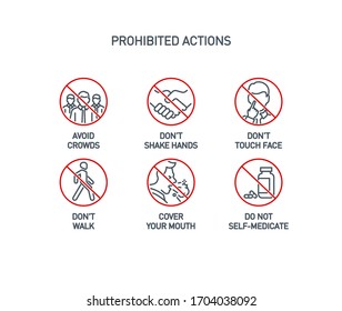 prohibited actions Coronavirus line icons set poster isolated on white. Perfect outline symbols prevention Covid 19 pandemic banner. Quality design elements handshake, crowd, walk with editable Stroke