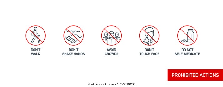 Prohibited Actions Coronavirus Line Icons Set Poster Isolated On White. Perfect Outline Symbols Prevention Covid 19 Pandemic Banner. Quality Design Elements Handshake, Crowd, Walk With Editable Stroke