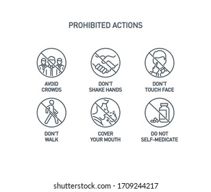 prohibited actions Coronavirus line icons set poster isolated on white. Perfect outline symbols prevention Covid 19 pandemic banner. Quality design elements handshake, crowd, walk with editable Stroke
