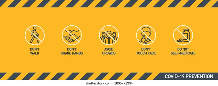 prohibited actions Coronavirus line icons set poster isolated on yellow. Perfect outline symbols prevention Covid 19 pandemic banner. Quality design elements handshake crowd, walk