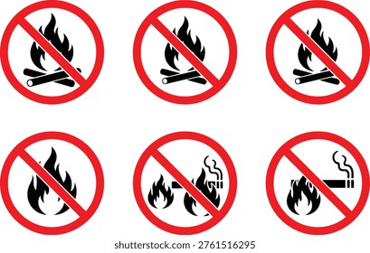 Prohibited actions related to fire and smoking in a visual warning format Vector
