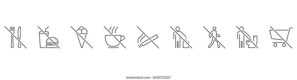 Prohibited Activities Line Icon Set. No Eating, Drinking, Smoking, Littering, Toilet Use and Shopping Outline Symbol Collection. Regulation Signs. Editable Stroke. Isolated Vector Illustration.