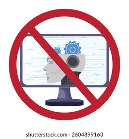 Prohibited AI concept featuring humanoid robot head on screen with red forbidden sign overlay