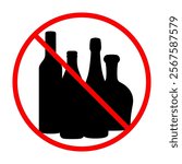 Prohibited alcohol consumption sign. Vector illustration of bottles of drinks with red prohibition circle and slash, symbolizing no drinking allowed