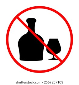 Prohibited alcohol consumption sign. Vector illustration of bottle of cognac and glass with red prohibition circle and slash, symbolizing no drinking allowed