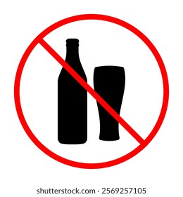 Prohibited alcohol consumption sign. Vector illustration of bottle of beer and glass with red prohibition circle and slash, symbolizing no drinking allowed