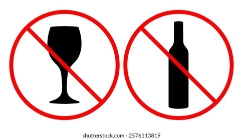 Prohibited alcohol consumption sign. Vector illustration symbol of bottle and symbol of glass with red prohibition circle, symbolizing no drinking allowed