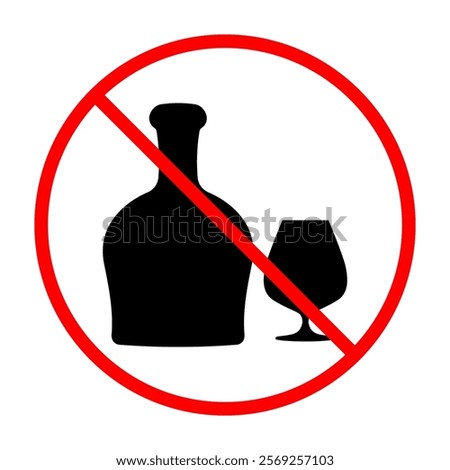 Prohibited alcohol consumption sign. Vector illustration of bottle of cognac and glass with red prohibition circle and slash, symbolizing no drinking allowed