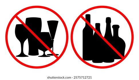 Prohibited alcohol consumption signs. Vector illustration of bottles of drinks and glasses with red prohibition circle, symbolizing no drinking allowed