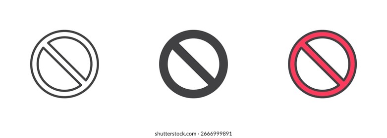 Ícone de proibição proibido definido em linha, glifo sólido e estilo de contorno preenchido colorido. Símbolo de vetor para parada, restrição, nenhuma entrada e design de ícone proibido.