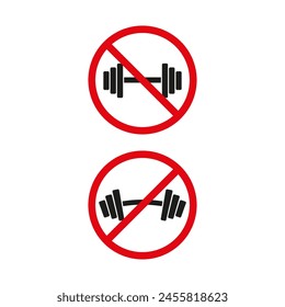 Prohibited barbell icon. No gym activity Vector. Red circle warning. Fitness restriction notice.