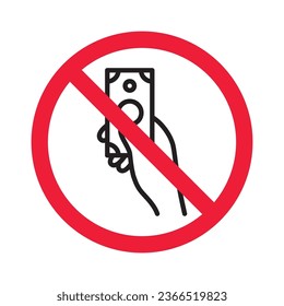 Prohibited bribe vector icon. No bribery icon. Forbidden cash icon. Warning, caution, attention, restriction, danger flat sign design. Money dollar symbol pictogram