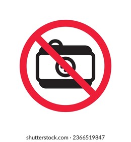 Prohibited camera vector icon. No photo camera icon. Forbidden video camera icon. Warning, caution, attention, restriction, danger flat sign design. Photographer symbol pictogram