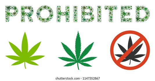 Prohibited caption collage of cannabis leaves in variable sizes and green hues. Vector flat cannabis symbols are composed into Prohibited label collage. Drugs vector design concept.