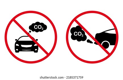 Prohibido el CO2 de escape de coches Prohibir el icono de silueta negra. Pictograma de gas de motor de coche prohibido. Ningún Signo De Contaminación De Emisiones Permitidas. Símbolo del círculo del paro rojo del humo de la tubería del vehículo. Ilustración de vectores aislados.