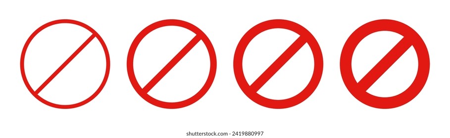 Signo de círculo prohibido. Prohibir icono rojo. Icono de prohibición. Círculo rojo con símbolo de línea transversal. Símbolo del marco de precaución. Señal de detención prohibida. Ilustración vectorial aislada en fondo blanco.