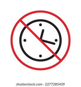 Prohibited clock vector icon. No clock flat sign design. Forbidden clock icon. Warning, caution, attention, restriction, danger label ban symbol pictogram