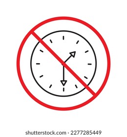 Prohibited clock vector icon. No clock flat sign design. Forbidden clock icon. Warning, caution, attention, restriction, danger label ban symbol pictogram