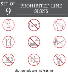 prohibited color line pictograms package, red forbidden symbols collection icons, ban vector sketches, logo illustrations, linear icons isolated on white background, eps 10.