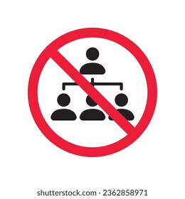 Icono vectorial de estructura de empresa prohibida. No hay icono de jerarquía. Icono de organigrama prohibido. No hay signo vectorial de diagrama de flujo. Advertencia, precaución, atención, restricción, diseño de señales llanas de peligro.