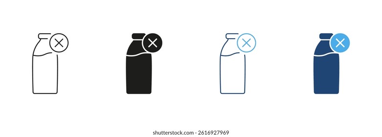 Prohibited Dairy Products Line and Silhouette Icon Set. Cross Sign on Milk Bottle Indicating Dairy Free or Vegan Lifestyle. Editable Stroke. Isolated Vector Illustration.