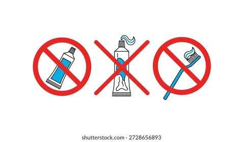 Prohibited dental hygiene practices shown with red ban symbols over toothpaste tubes and a toothbrush on a white background.