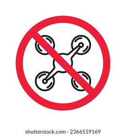 Prohibited drone vector icon. No flying drone icon. Forbidden drone icon. No drone zone vector sign. Warning, caution, attention, restriction, danger flat sign design symbol pictogram