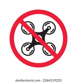 Icono vectorial de drones prohibido. Ningún icono de drone volador. Icono de drones prohibido. No hay señal de vector de zona de drones. Advertencia, precaución, atención, restricción, símbolo de diseño de señal plana de peligro pictograma