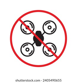 Prohibited drone vector icon. No flying drone icon. Forbidden drone icon. No drone zone vector sign. Warning, caution, attention, restriction, danger flat sign design symbol pictogram