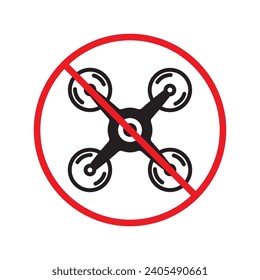 Icono vectorial de drones prohibido. Ningún icono de drone volador. Icono de drones prohibido. No hay señal de vector de zona de drones. Advertencia, precaución, atención, restricción, símbolo de diseño de señal plana de peligro pictograma