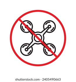 Prohibited drone vector icon. No flying drone icon. Forbidden drone icon. No drone zone vector sign. Warning, caution, attention, restriction, danger flat sign design symbol pictogram