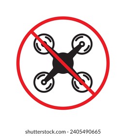 Prohibited drone vector icon. No flying drone icon. Forbidden drone icon. No drone zone vector sign. Warning, caution, attention, restriction, danger flat sign design symbol pictogram