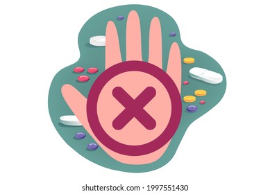 Prohibited drugs, Vector pharmaceutical illustration of pills, medications, hand and sign ban on white background, dangerous medicine.  Web page cover, banner.