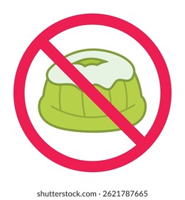 Prohibited to eat snacks, sweet food forbidden sign, do not eat snack symbol, prohibition sign with kue putu ayu icon, flat icon design vector illustration