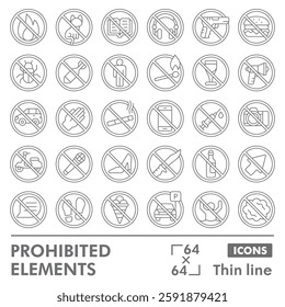 Prohibited elements collection or sketches. forbidden element theme icons in thin line style signs for web and app. Vector graphics isolated on white background