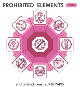 Prohibited elements collection or sketches. forbidden element theme icons in line style signs for web and app. Vector graphics isolated on white background