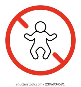 Entrada prohibida para bebé, icono de peligro de línea. Se prohíbe el símbolo de la persona menor. Restricción a la entrada de un niño. Signo de vector