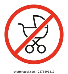 Prohibited entry with stroller, line sign. Symbol of pram with baby forbidden. Restriction on entrance with baby carriage. Vector sign
