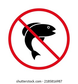 Prohibited Fishing Seafood Red Stop Circle Symbol. No Allowed Fishing in Lake and Park River Sign. Fishing Ban Place Black Silhouette Icon. Forbidden Fish Sea Pictogram. Isolated Vector Illustration