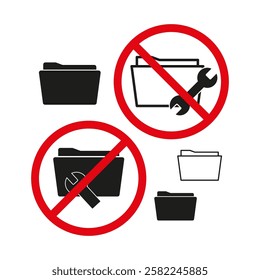 Prohibited folder icon. Wrench restriction symbol. No access warning. Red circle prohibition.