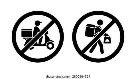 Prohibited Food Delivery Access Signs With Scooter And Carrier Black Silhouette forbidden entry restriction ban meal takeout service