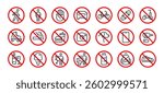 Prohibited and forbidden editable stroke outline icons set isolated on white background flat vector illustration. Pixel perfect. 64 x 64.