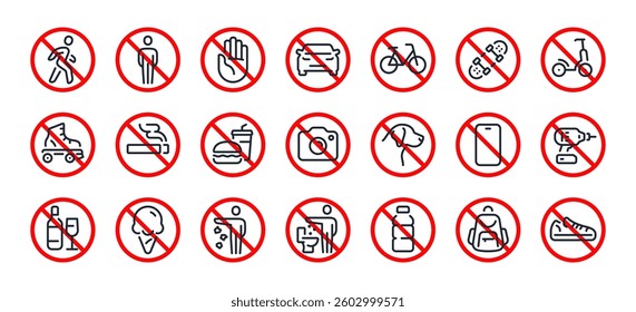 Prohibited and forbidden editable stroke outline icons set isolated on white background flat vector illustration. Pixel perfect. 64 x 64.