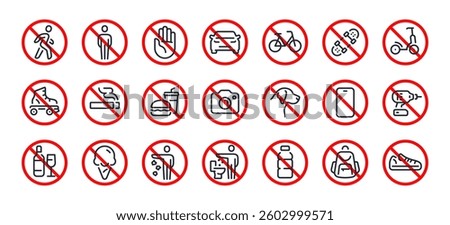 Prohibited and forbidden editable stroke outline icons set isolated on white background flat vector illustration. Pixel perfect. 64 x 64.