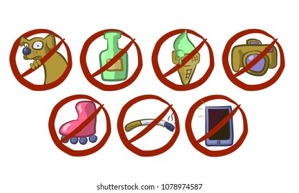 Prohibited funny Signs. There is no entrance with animals, bottles, ice cream, photos, rollers, cigarettes, phone