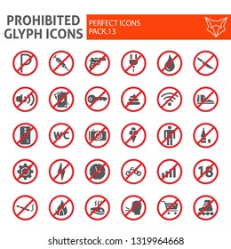 Prohibited glyph icon set, warning symbols collection, vector sketches, logo illustrations, forbidden signs solid pictograms package isolated on white background, eps 10.
