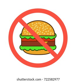 Prohibited hamburger. No Fast food sign. Vector illustration.