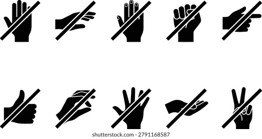 Prohibited hand gestures flat silhouette icon set featuring various disallowed actions for warning signs user interfaces and safety