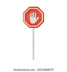 Prohibited hand sign in 3D vector. Realistic red octagonal stop icon with white colored standing palm. The stop sign is ideal for a road sign or sticker. Isolated background.