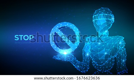 Prohibited icon. Abstract 3d low polygonal robot holding in hand forbidden sign. Empty crossed out circle. Stop ban no entry not allowed warning symbol. Vector illustration.